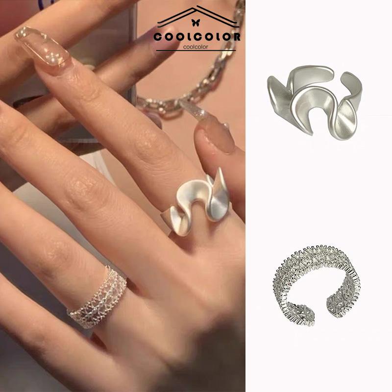 COD❤️Cincin Renda Zirkon Gelombang Matte Pembukaan Cincin Sederhana Wanita yang Dapat Disesuaikan- cl