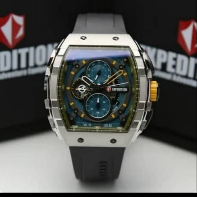 Jam tangan expedition e6782 silver black plat blue pria original
