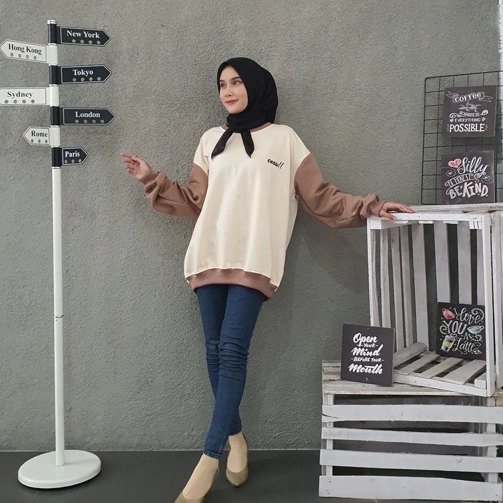 ENOW 2TONE SWEATER  WANITA CREWNECK WANITA - SWEATER HALUS PREMIUM