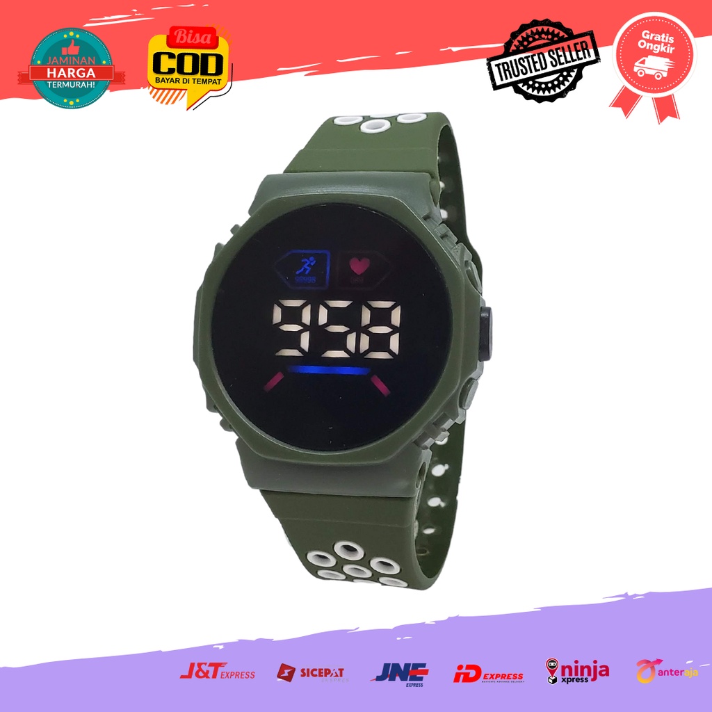 [COD] Jam Tangan Fashion Korea Elektronik Digital LED Digital Wanita Pria Remaja Bulat Rubber-Army