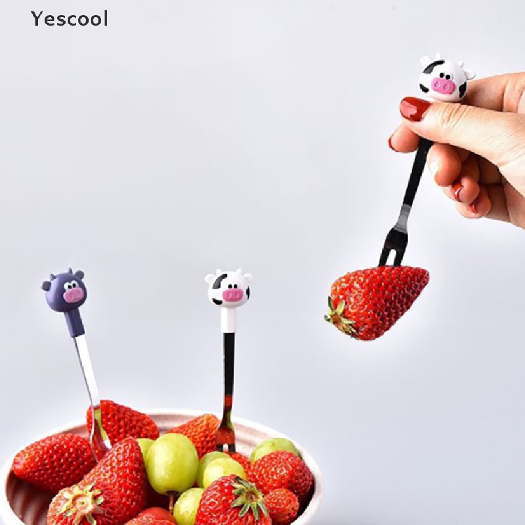 Yescool 6Pcs / Set Garpu Buah / Dessert Bahan Stainless Steel Desain Kartun Lucu Dengan Holder