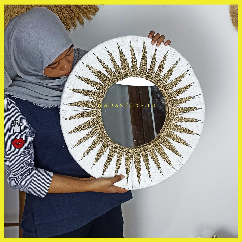 WALL MIRROR / CERMIN DINDING / WALLDECOR AESTETIC NATURAL / KACA DINDING / CERMIN ROTAN DEKORASI RUMAH DIAMETER 50CM