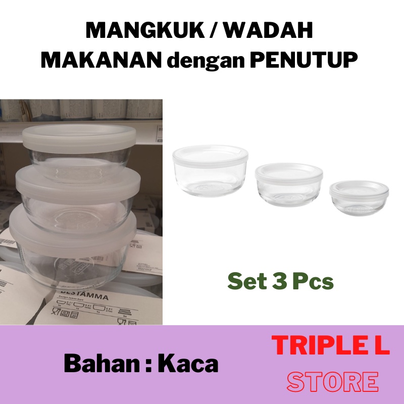 Kotak Makanan Wadah Mangkok Saji Kaca Dengan Penutup Set 3 Pcs