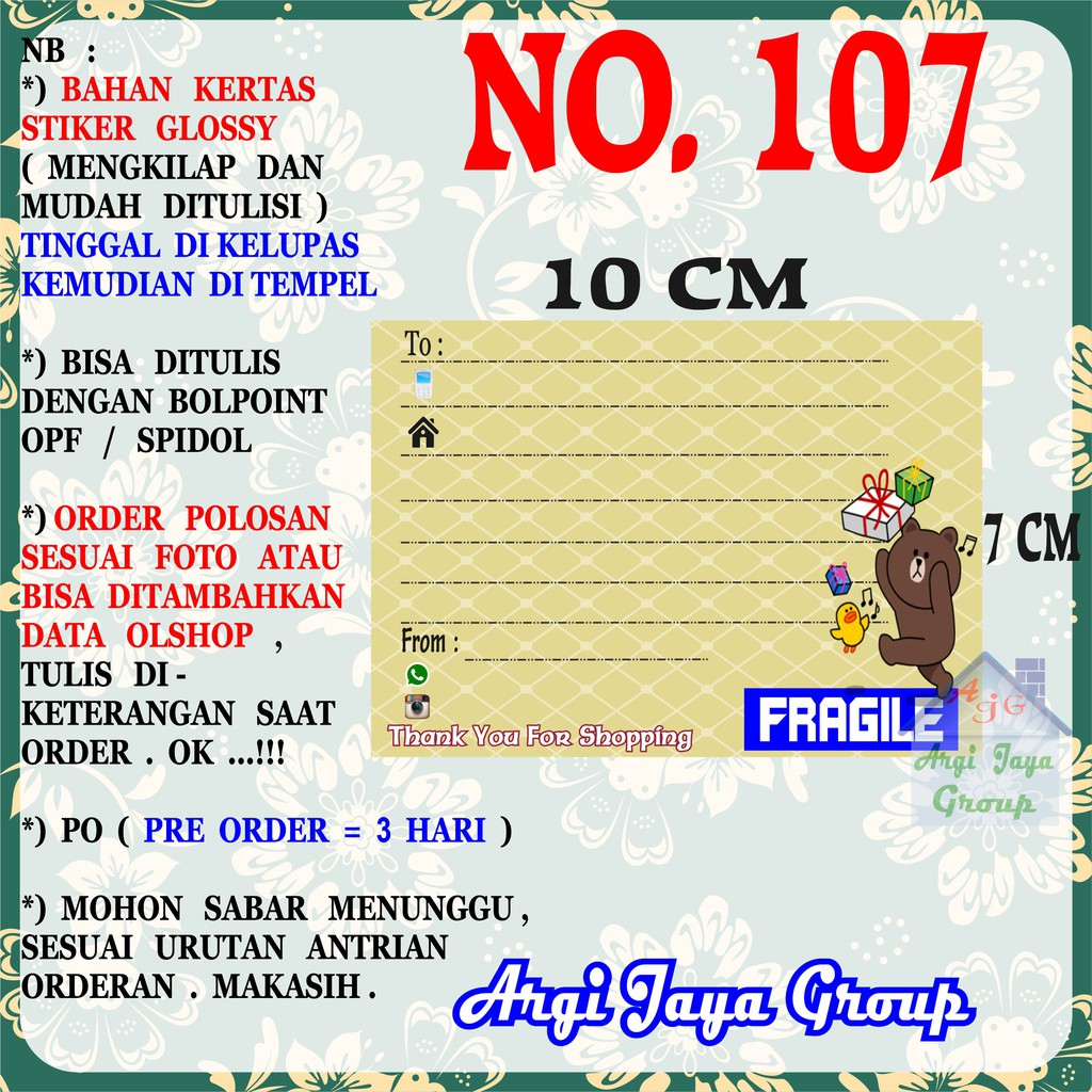 

Stiker Pengiriman - Sticker Alamat Olshop Murah Nomer 107 - 10x7 cm - Glossy