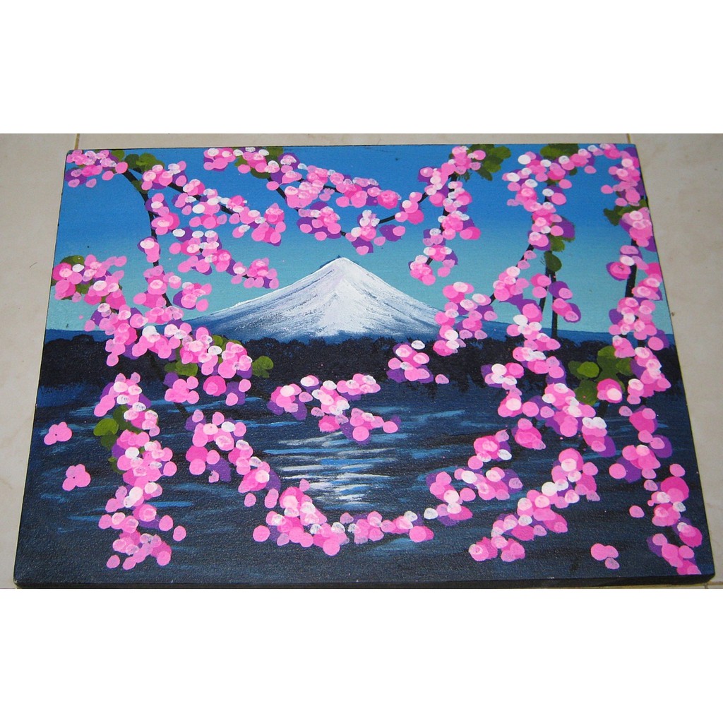 Lukisan Bunga Sakura Dengan Pemandangan Gunung Fuji Jepang