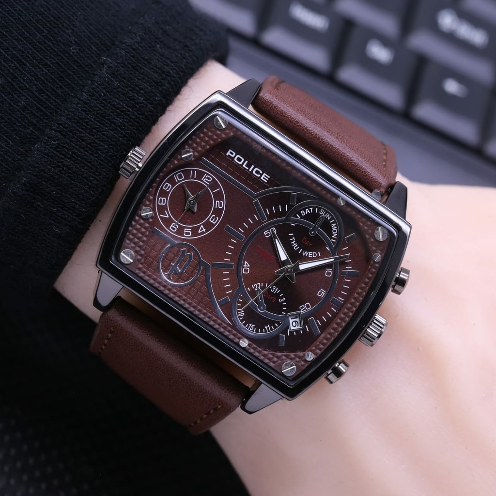 Grosiran Jam Tangan Pria PLC4680TL Analog Dual Time Tali Kulit Tanggal Aktif Free Baterai (COD)