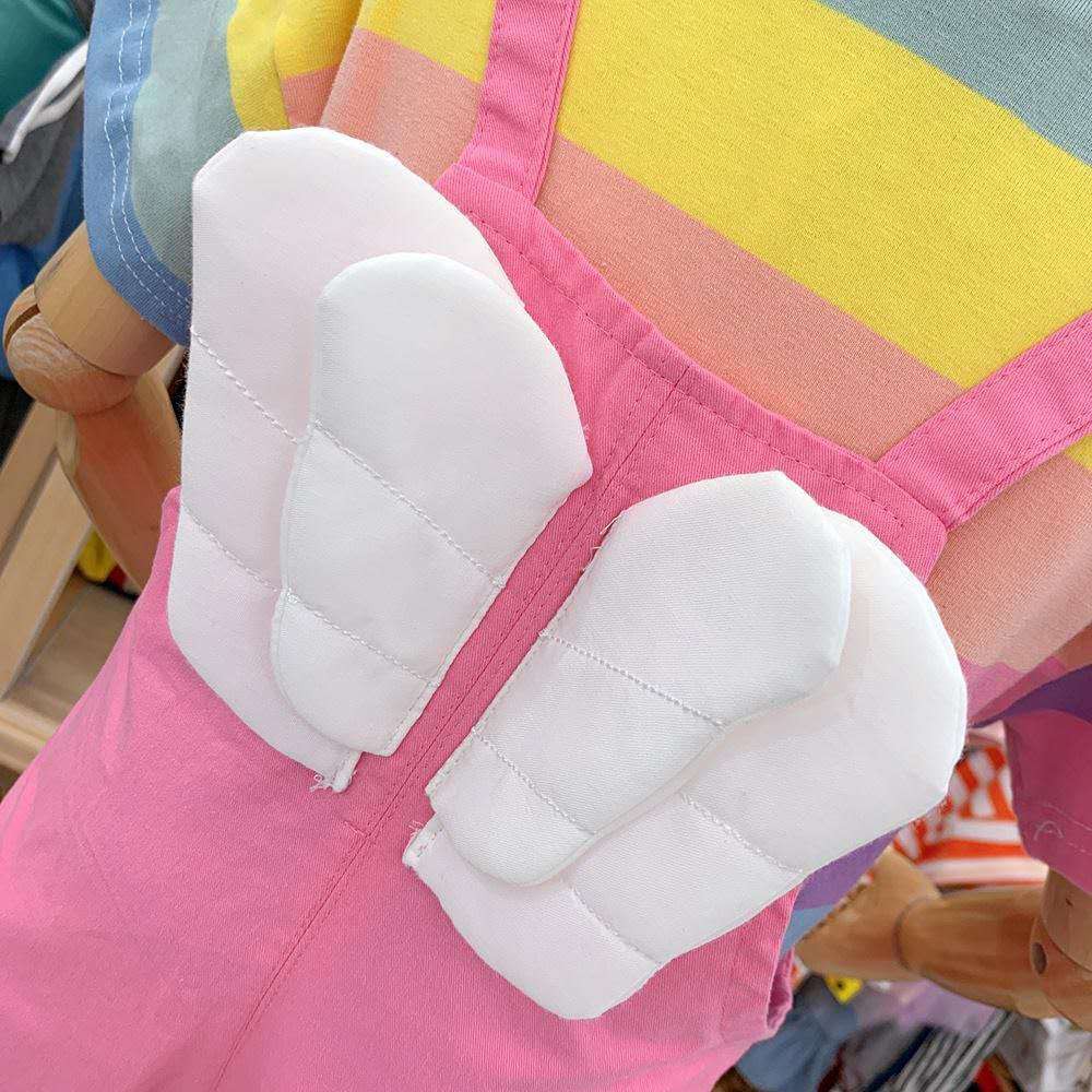 KF Cat Setelan anak perempuan jumpsuit+kaos garis garis lengan pendek sayap malaikat set anak cewek import-6