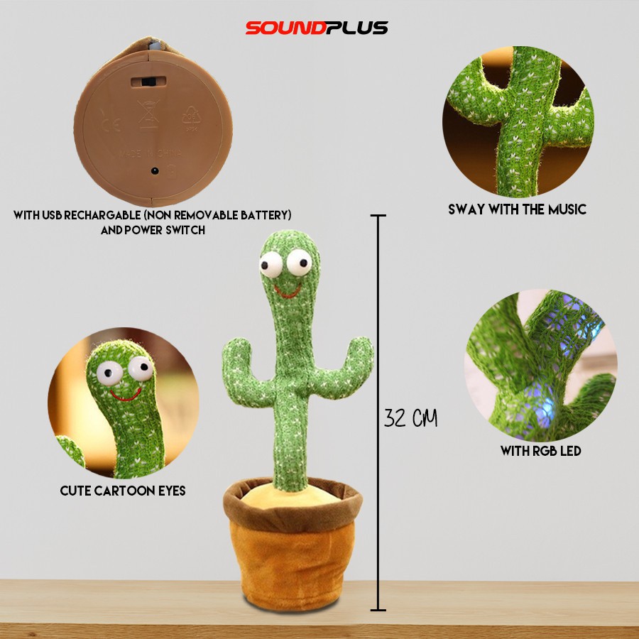 Dancing Cactus Recorder Toy Dancing Cactus Mainan Boneka Kaktus Joget Led Menari Music bisa Rekam Suara Bisa Cas with Usb Cable