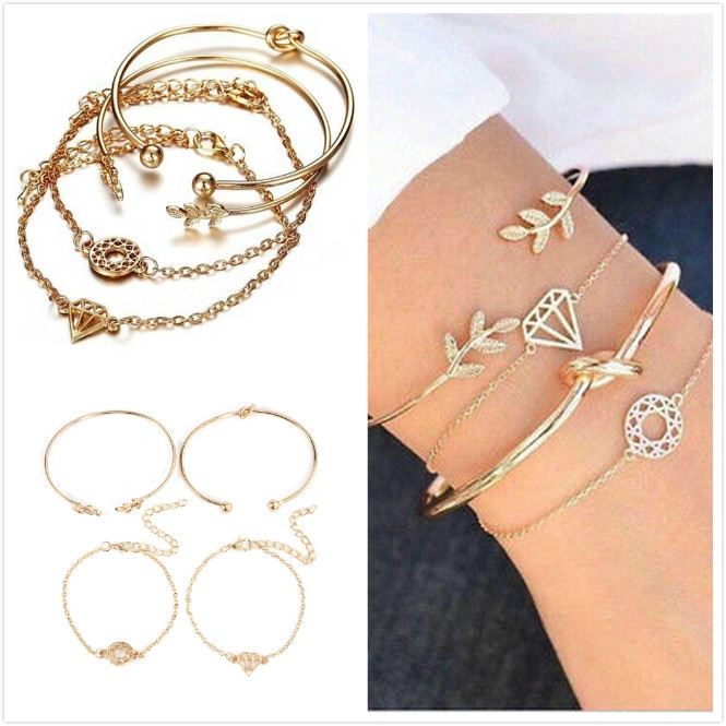 4Pcs Set Gelang  Tangan Wanita Model Simpul Permata Hollow 