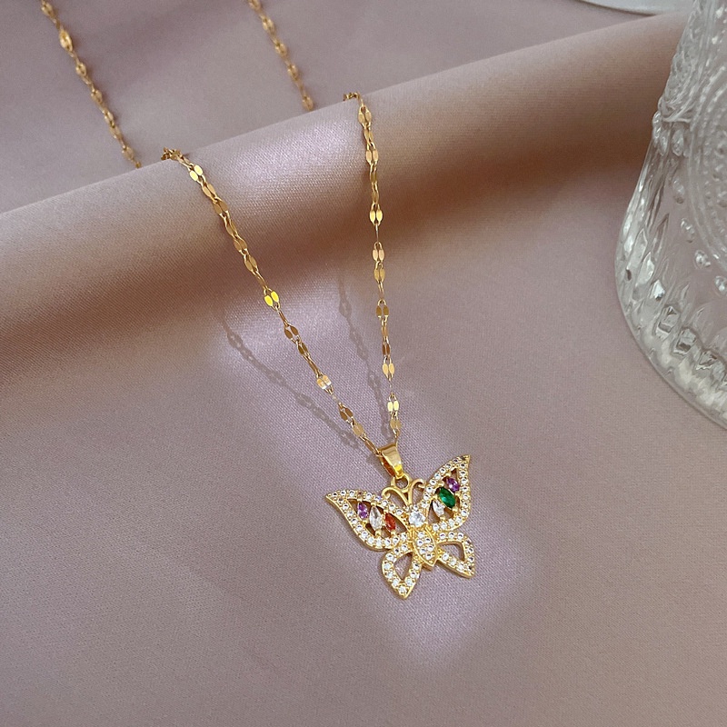 Kalung Liontin Kupu-Kupu Lapis Emas 18K Hias Zircon