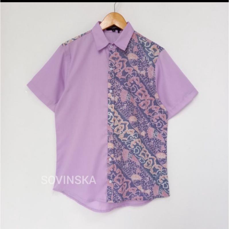 Kemeja batik pria lengan pendek warna Lilac Hem Atasan Baju Kerja By Sovinska