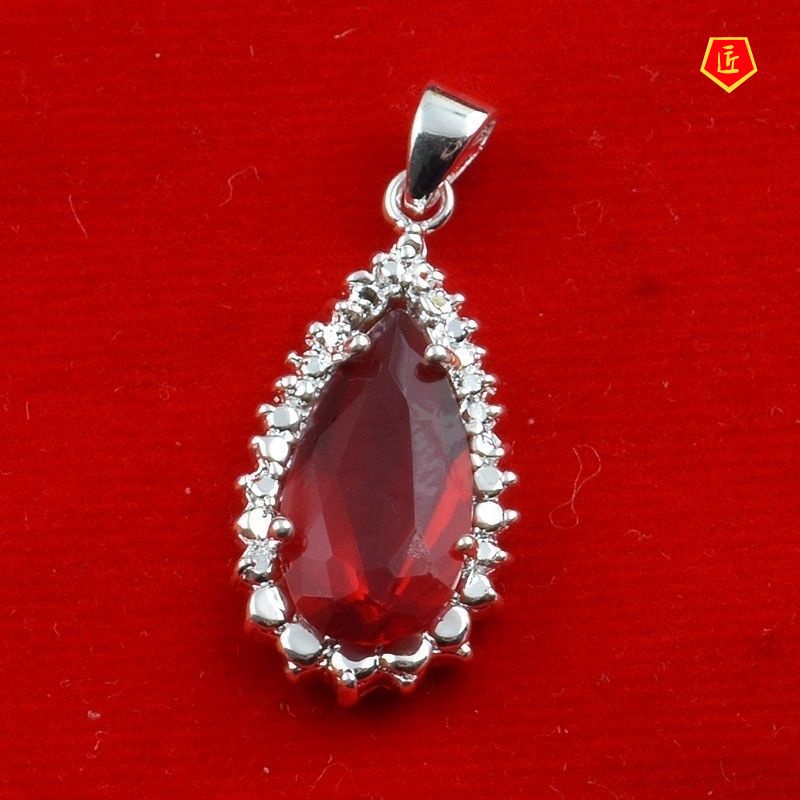 [Ready Stock]Inlaid Ruby Water Drop Pear-Shaped Pendant European and American S925 Silver Necklace