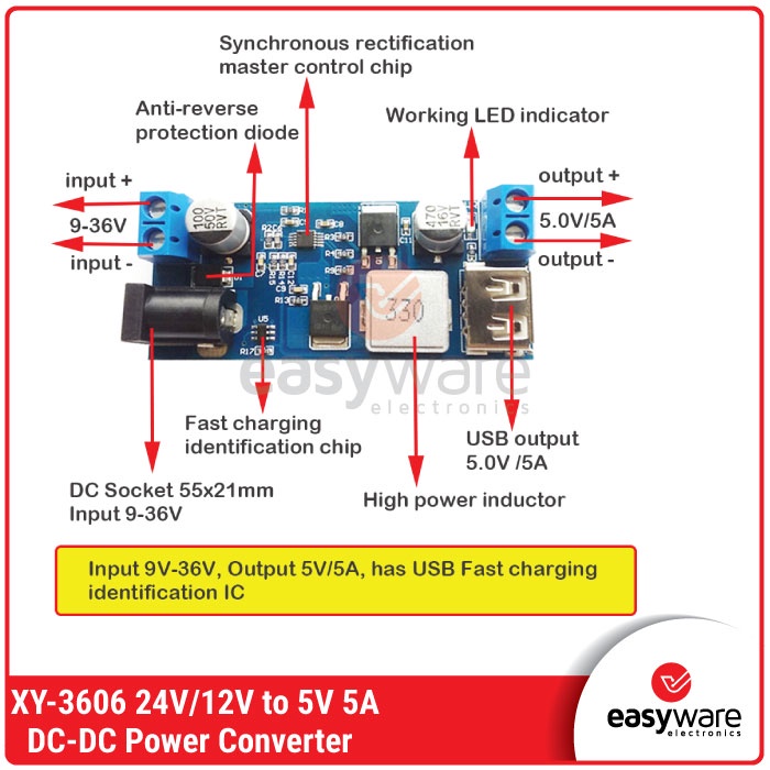 XY-3606 Power module Step Down DC to DC 5A 24V 12V to 5V Power Supply Buck Converter