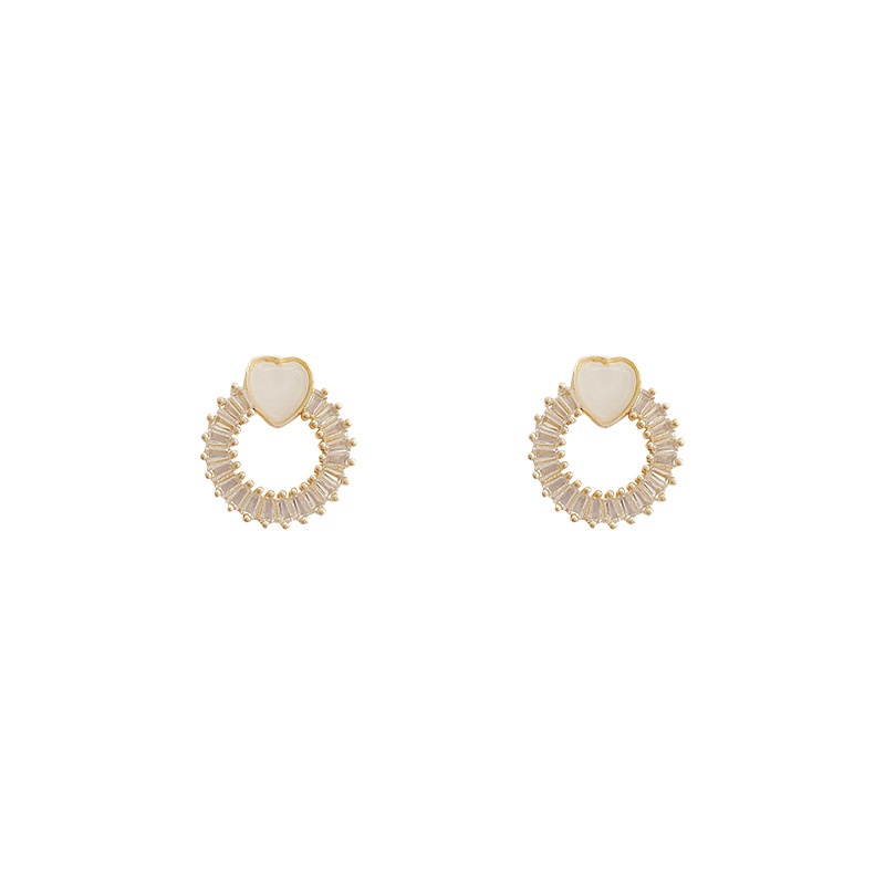 Anting Stud Zircon Bentuk Lingkaran Hati Bahan S925 Silver Needle