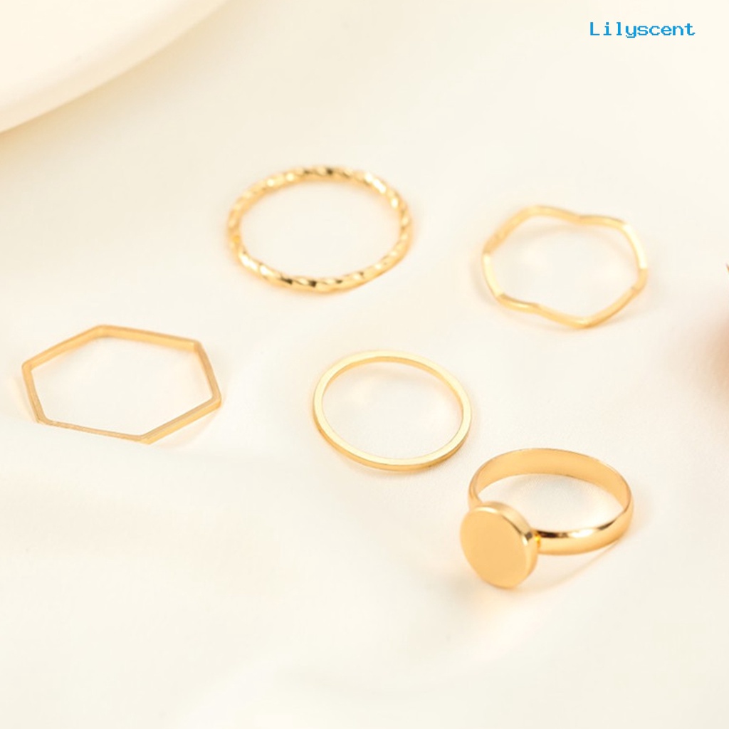 5pcs / Set Cincin Tipis Bahan Alloy Warna Emas Untuk Wanita