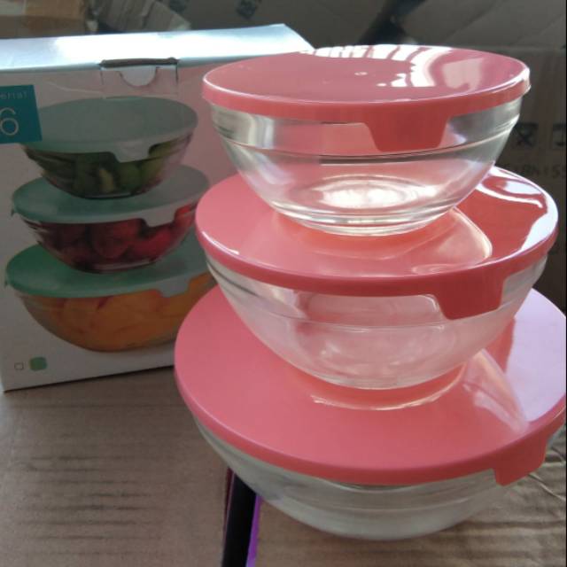 Mangkok kaca set isi 3 / Glass Bowl / Wadah salad buah atau sayur