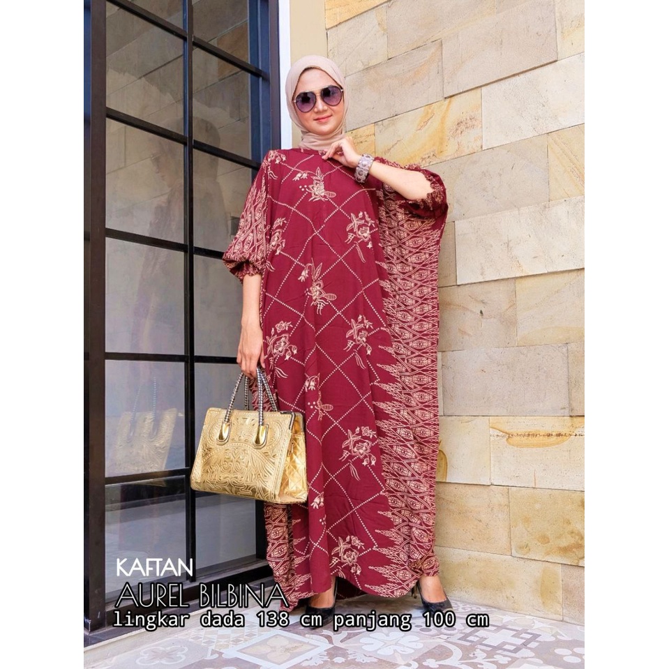 Kaftan Aurel Bilbina - Kaftan Wanita Jumbo Katun Rayon Batik Premium Busui Dress Gamis Batik Bigsize Fashion Muslim Kekinian LD 138  cm