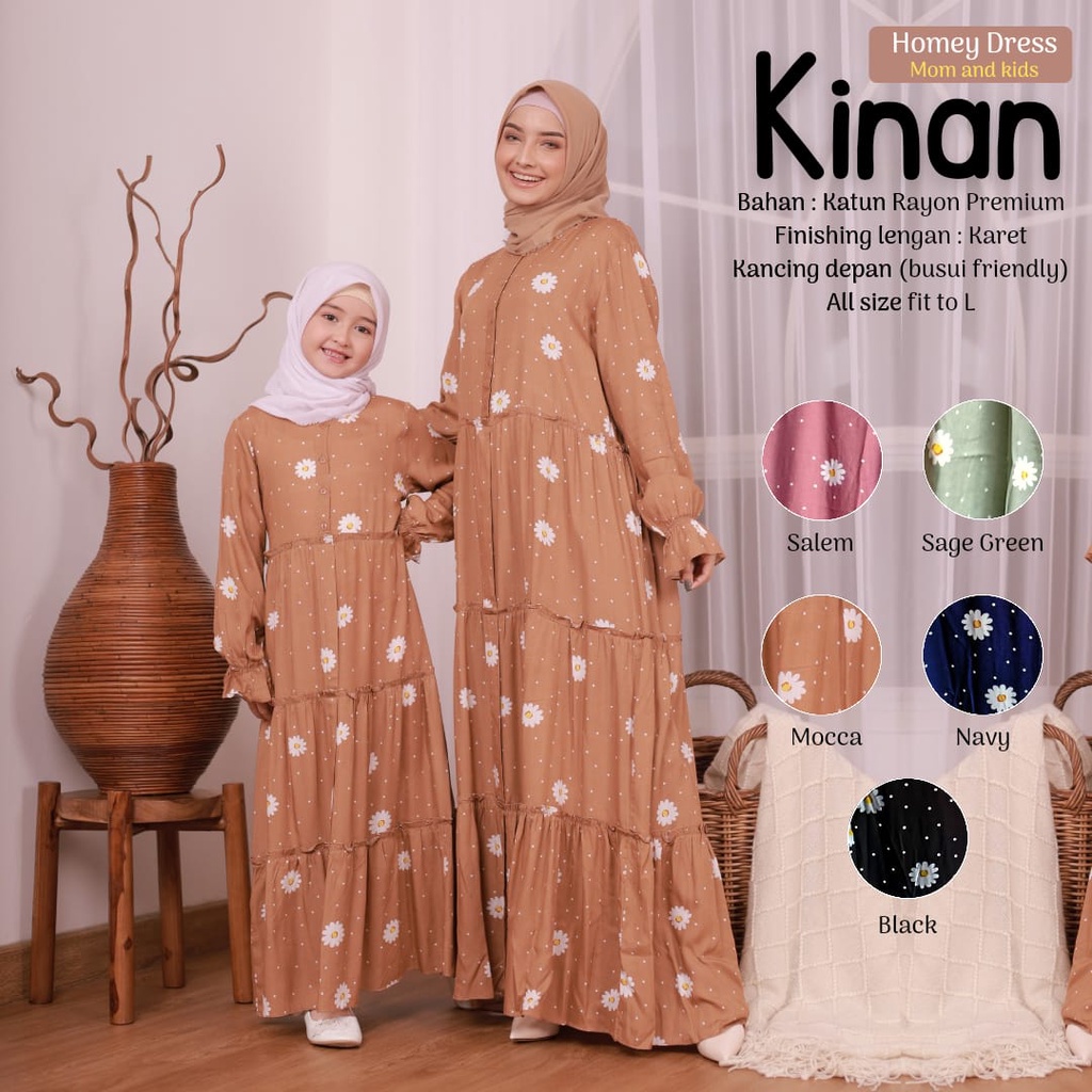 New!! Gamis Dewasa Jumbo/Homey Dress Kinan/Gamis Couple Mom &amp; kids/Bahan Katun Rayon Premium Motif Bunga-Busana Muslimah