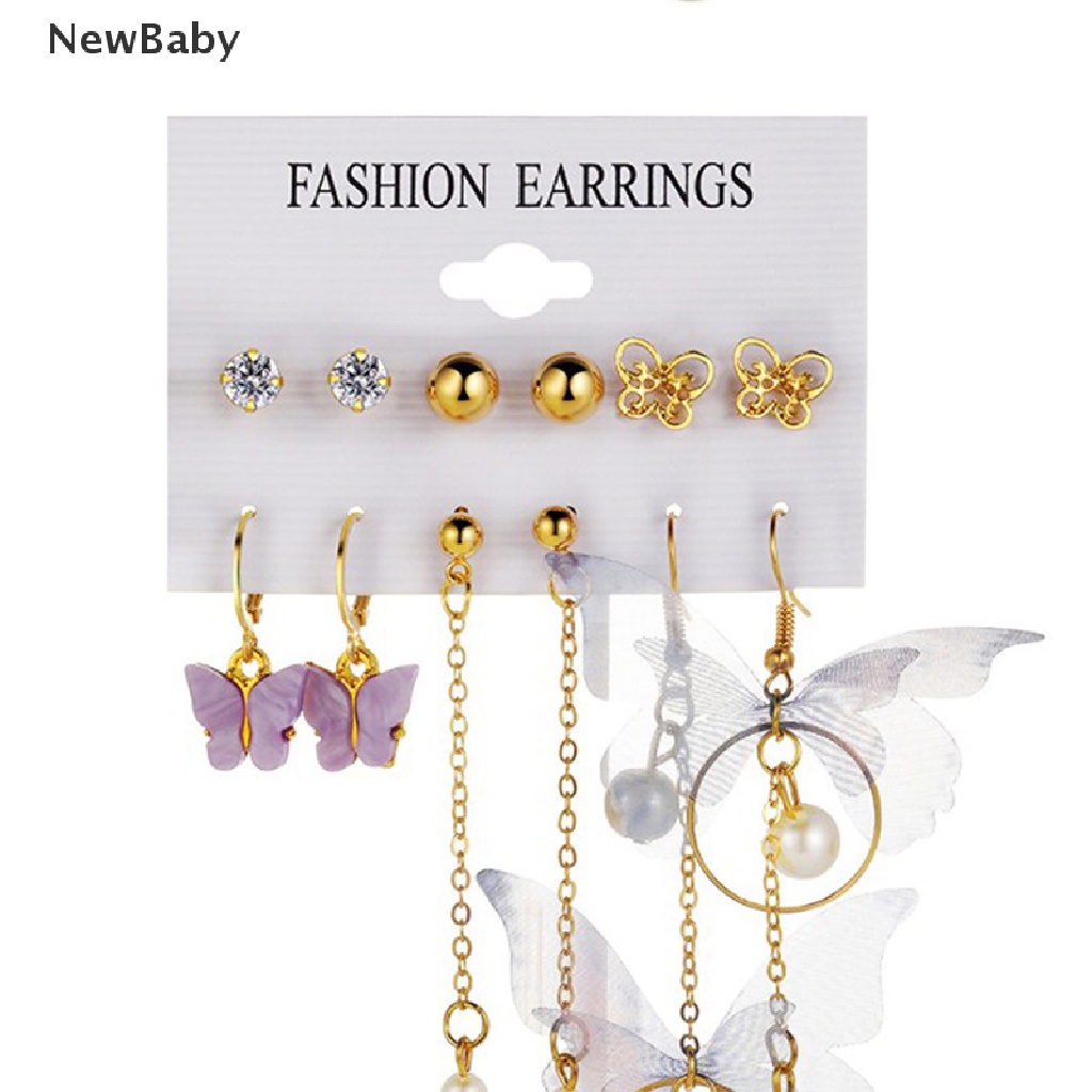 6 Pasang / Set Anting Stud Desain Kupu-Kupu Warna Emas Gaya Korea Untuk Wanita