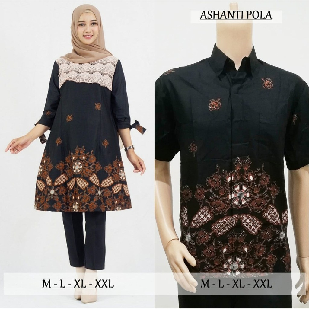 Set Baju Couple Sarimbit Keluarga Lebaran Tunik Batik Muslim 2355 Ashanty Hitam