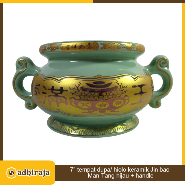 7" tempat dupa/ hiolo keramik Jin bao Man Tang hijau + handle