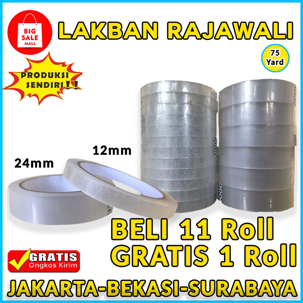 lakban bening 12mm x 75 yard, 24mm x 75 yard