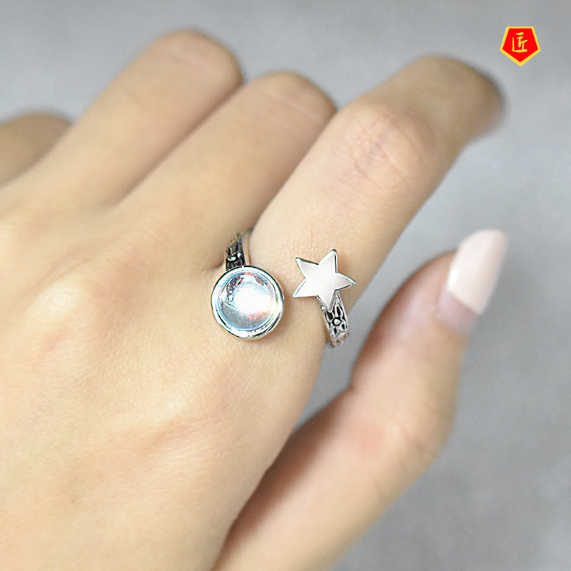 [Ready Stock]Creative Five-Pointed Star Moonstone Ring Vintage Silver Black