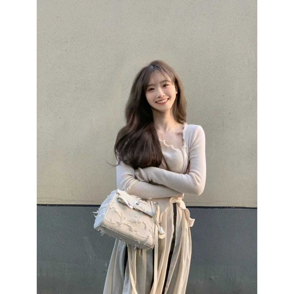 Suhao Desain Keinginan Murni Korea Mewarnai Desain Semi-Skirt Ribbed Kayu Telinga Slim Top Midi-Skirt