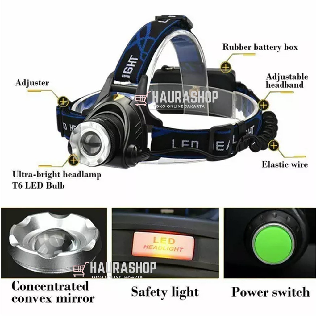 Senter Kepala LED Zoom Super Terang Headlamp LED Cree XML T6 568D Waterproof Anti Air