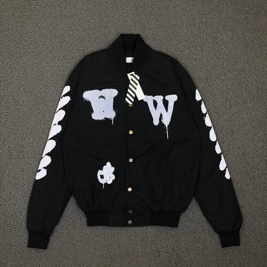 Jaket Bomber Varsity Off White Double W Spray Hitam