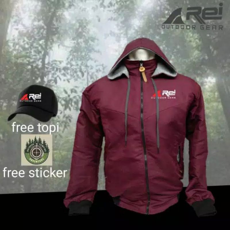 Jaket parasut Rei waterprof anti air maroon. bonus topi&stiker
