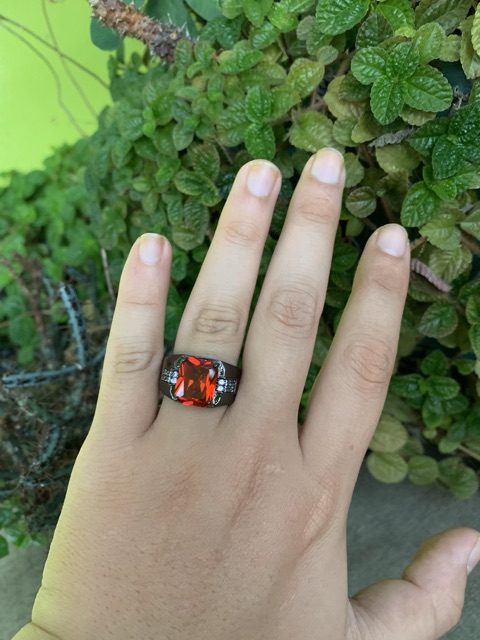 Cincin Pria Akik Merah Red Ruby Casual Minimalis Mewah Ring Hitam 18K Gold Filled Black Platted