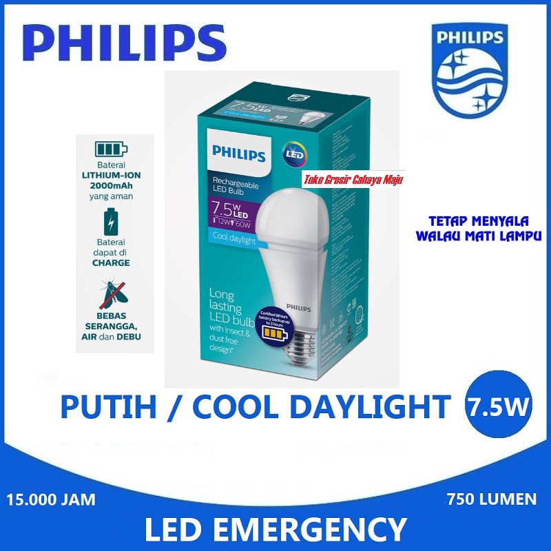 Lampu LED BULB EMERGENCY Rechargeable PHILIPS 7.5W 7.5 Watt E27 Putih