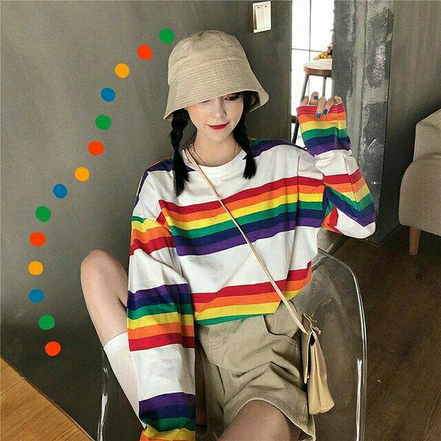 T Shirt Rainbow AA02 Long Sleeve Kaos  Pelangi  Korean Style 
