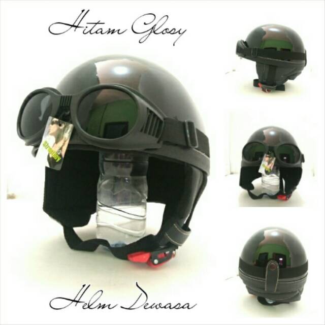 Helm Retro Chip Hitam Glosy + Kacamata