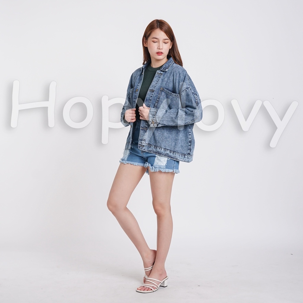 HOPYLOVY Jaket Jeans Wanita Oversize Kantong Besar Snow Acid Malorie