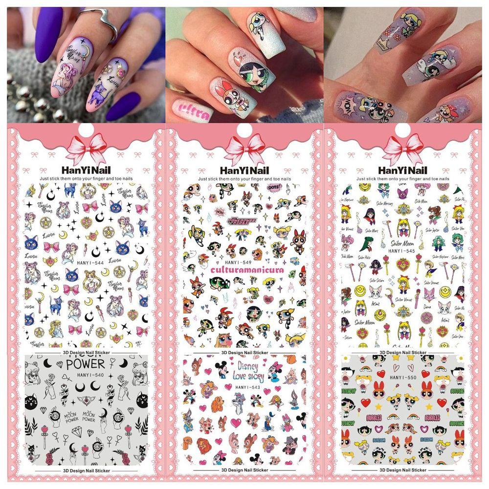 Mxbeauty Kartun Anime Nail Art Stiker Sailor Moon Lucu 1lembar Wanita Putri Salju Powerpuff Gadis Self-Adhesive Manicure Aksesoris Bebek Nail Tips Slider