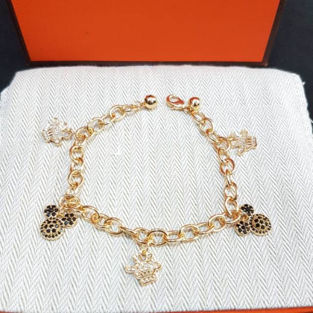 Gelang Premium Quality Lapis emas Mickey Mouse Lonceng Silver Anti Karat Anti Alergi