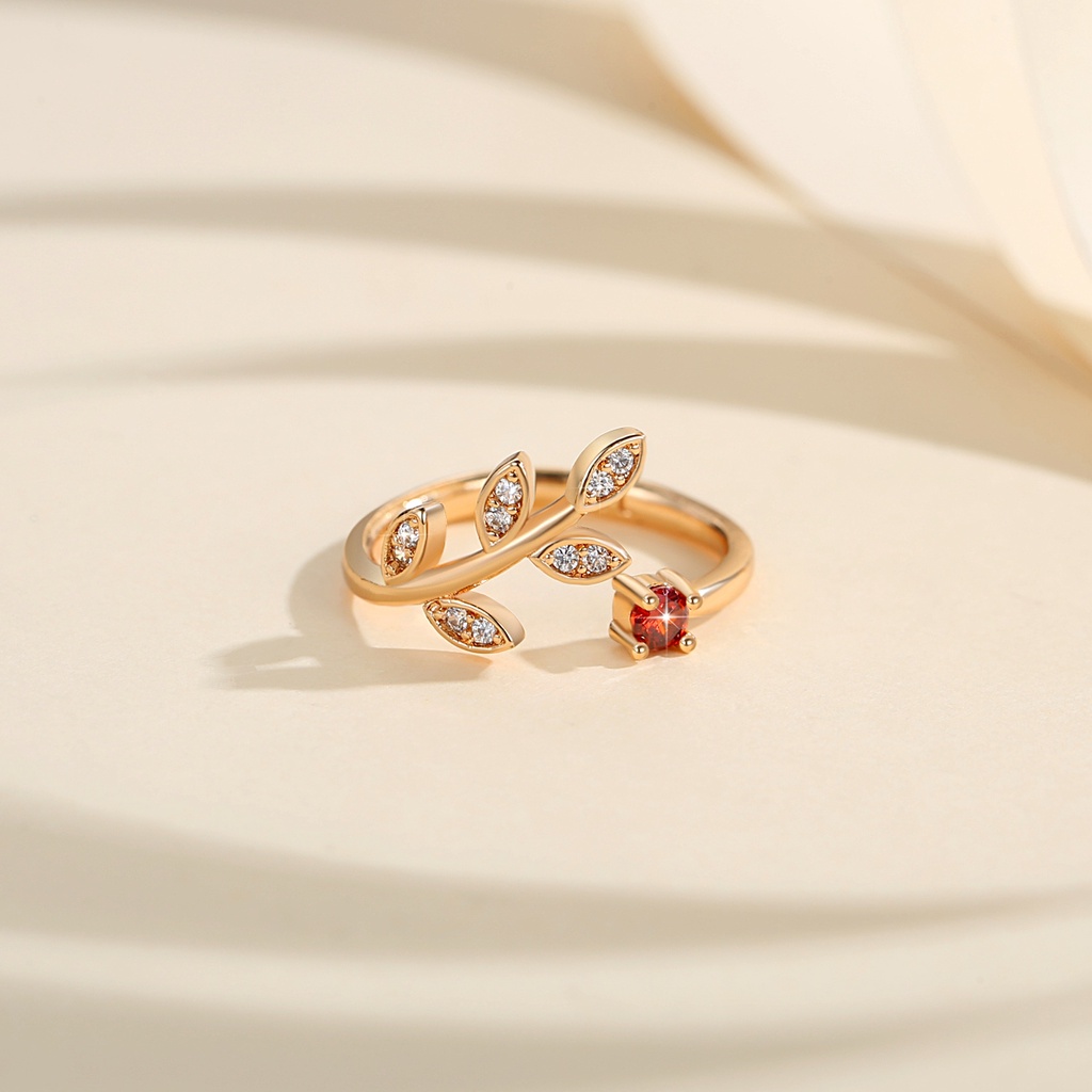 Y689 【COD】 Bentuk Leaves Cincin Terbuka Berlian Baja Titanium Emas Kristal Perhiasan Fashion Wanita
