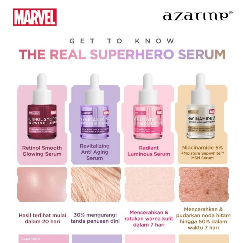 (GOSEND/COD) AZARINE MARVEL SERUM ACNE SPOT BRIGHTENING C GLOW NIACINAMIDE 5% RETINOL GLOWING AHA BHA PHA PEELING RADIANT LUMINOUS PORE TIGHTENING OIL CONTROL REVITALIZING ANTI AGING HYDRAMAX WATER CALMING SKINPAIR DAILY DEFENDER MULTIVITAMIN MIRACLE OIL