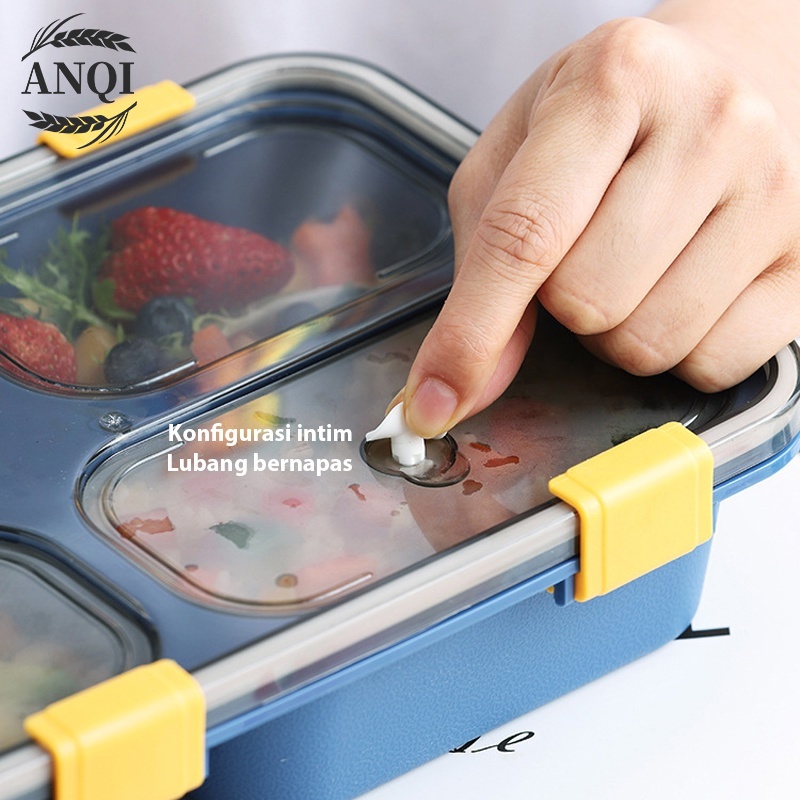 ANQI 1888 Kotak makan 3/4 Grid Lunch Box/Tempat Makan Dan free Sendok/Anti bocor 850ml/1300ml