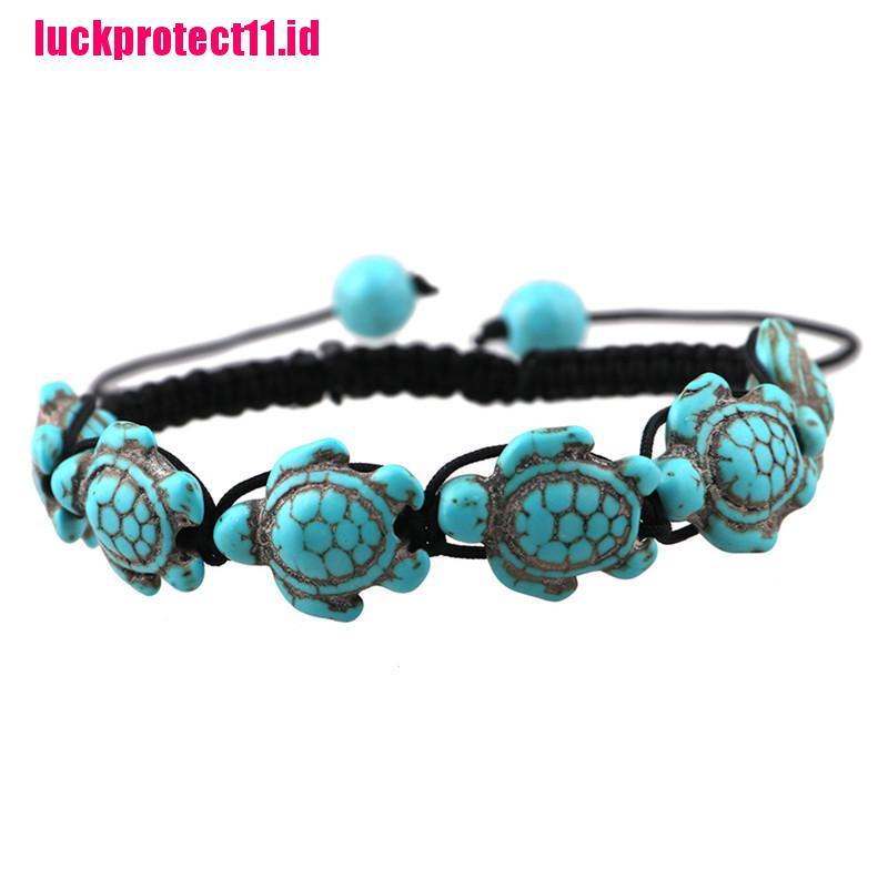 (LUCK) Gelang Tangan Tali Kepang Adjustable Aksen Kurakura Turquoise Vintage Bohemia Untuk Wanita