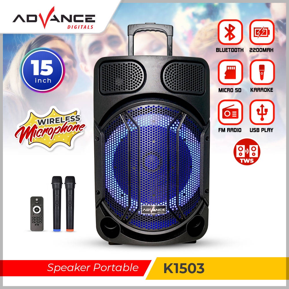 【READY STOCK】 Advance Roda / Tripod K1503 New Speaker Bluetooth Meeting 15 Inch Free 2 Mic Wireles With Led Light