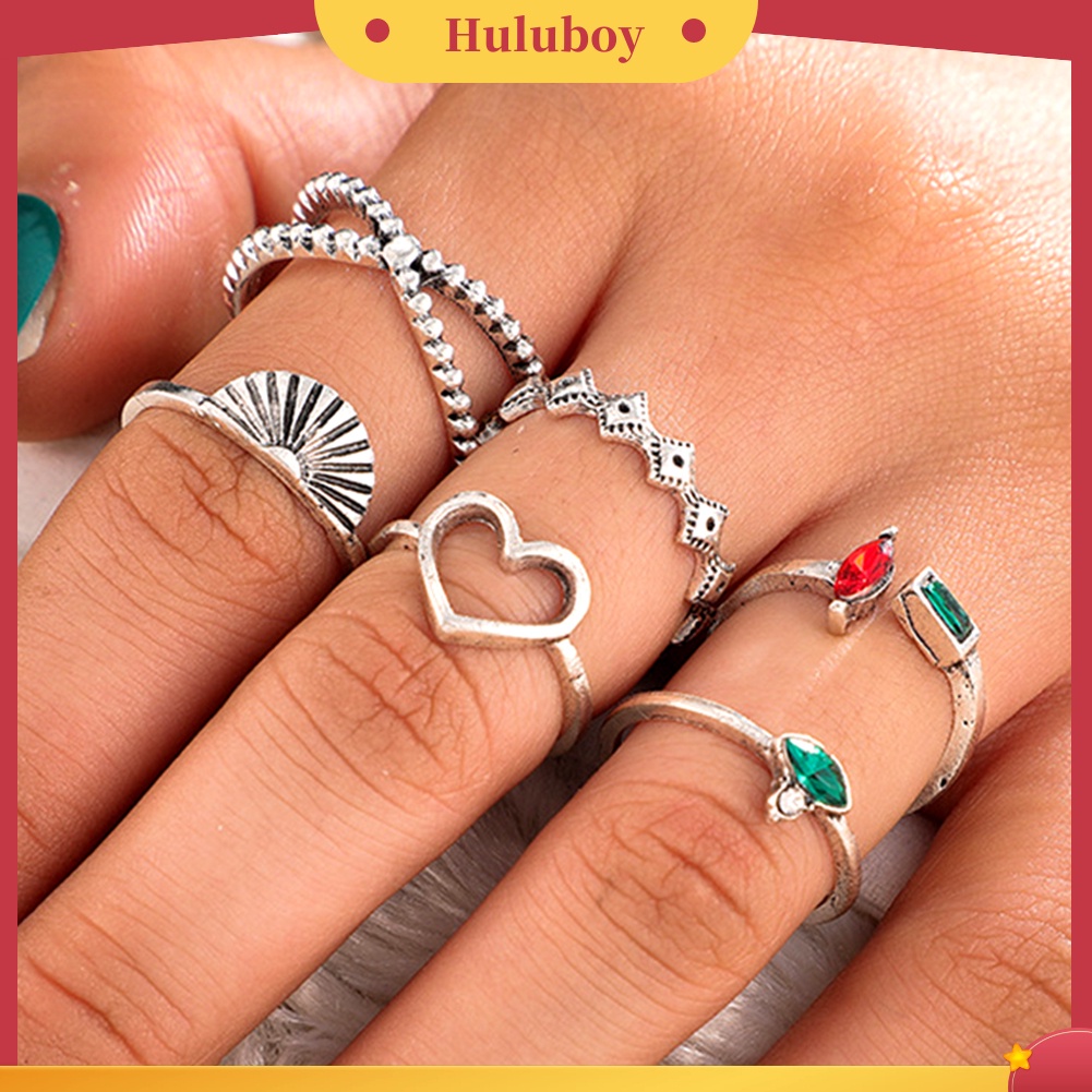 Hu Hu Hu Hu Hu Alat Bantu Pasang Kacamata♡ 6pcs Cincin Model Terbuka Desain Hati Hollow Hias Berlian Imitasi Untuk Wanita