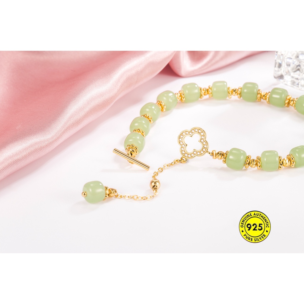 Gelang Tangan Manik-Manik Batu Jade Clover Lapis Emas 18K Untuk Wanita