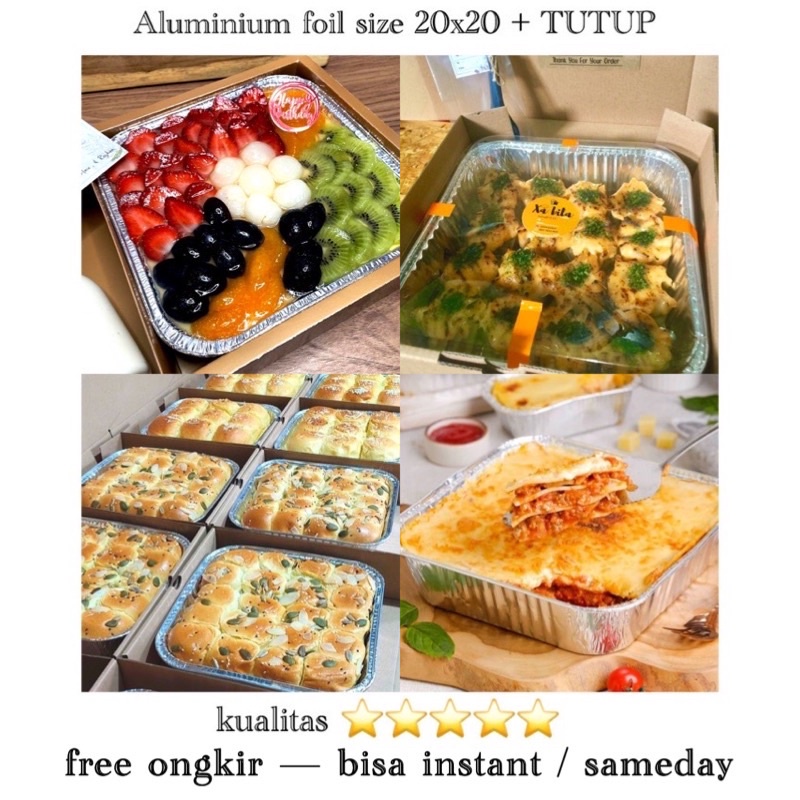 (5 pcs) Wadah aluminium foil + tutup 20 x 20 cm cocok wadah spageti, lasagna dan mentai cup aluminiu
