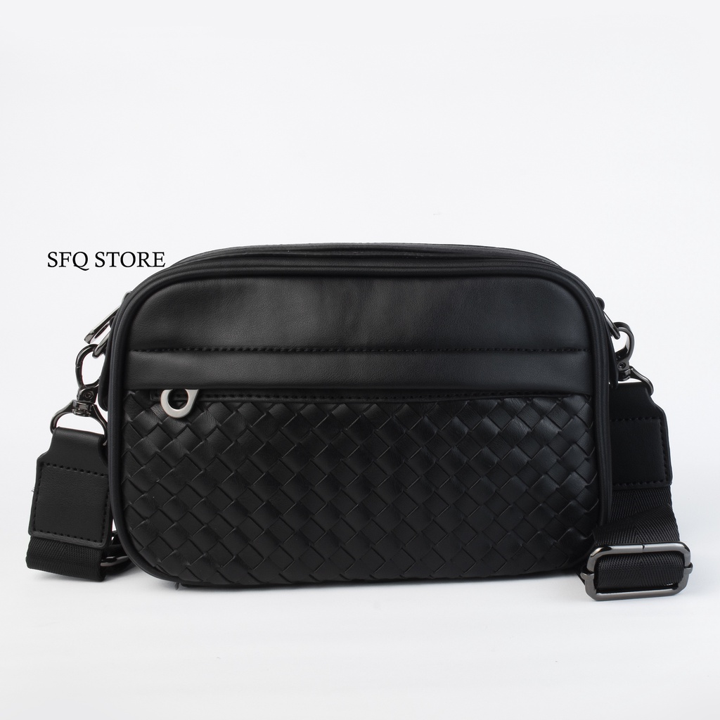 Slingbag Knited Tas Selempang Kulit Motif Anyam Hitam Impor