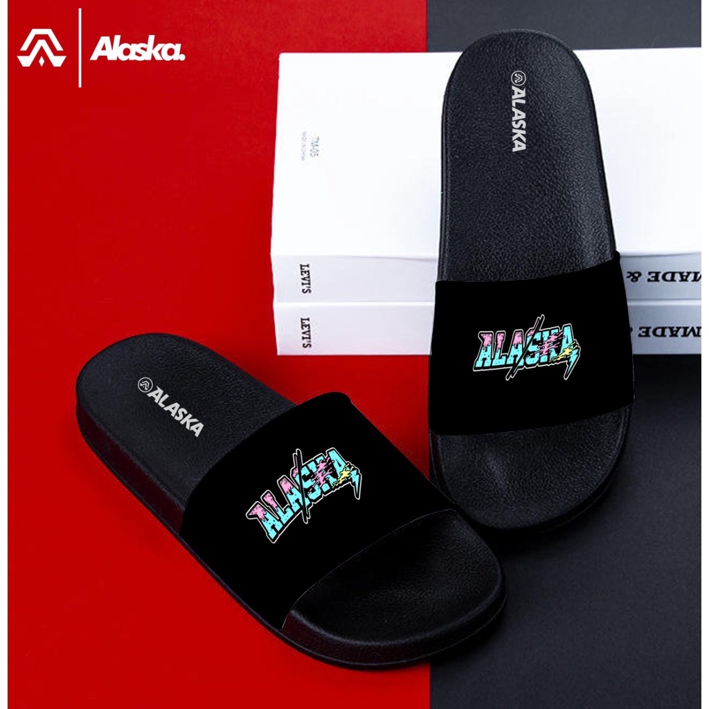 Sandal Slide Slip On Pria Original ALASKA Kualitas Premium l Sandal Slop-Hitam slop pvc