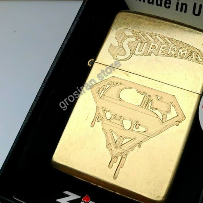 Zippo gold Superman custom logo ukir grafir nama kado korek