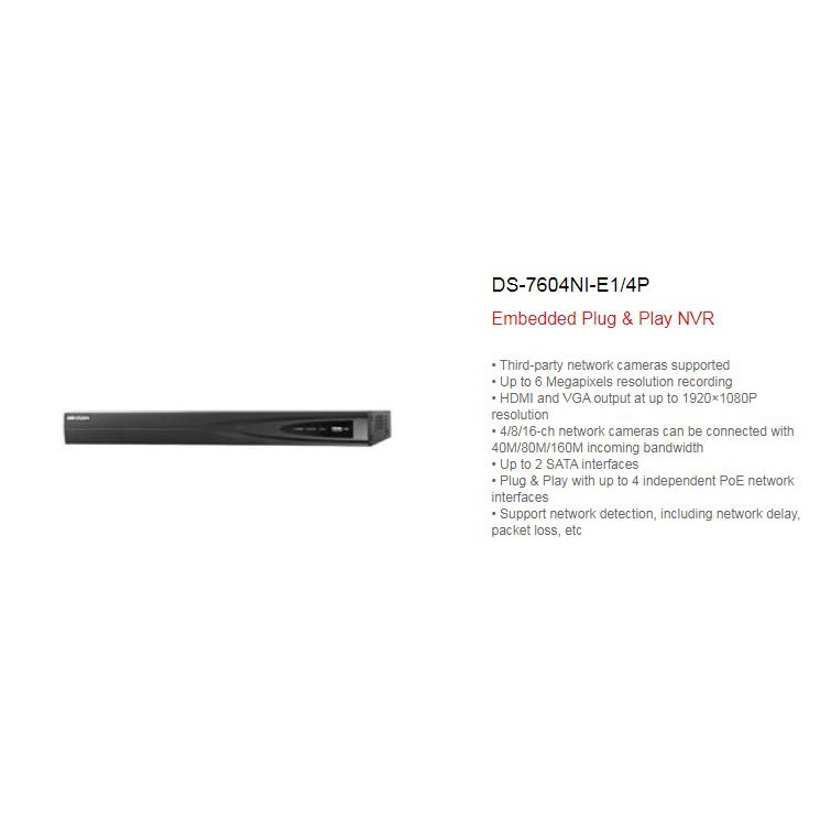 Hikvision Embedded Plug & Play NVR DS-7604NI-E1/4P 40Mbps